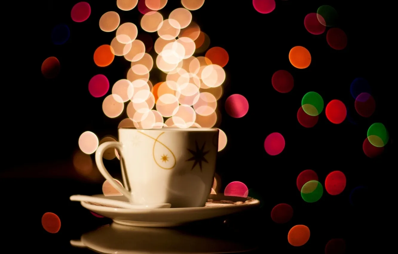 Photo wallpaper reflection, table, spoon, Cup, saucer, bokeh