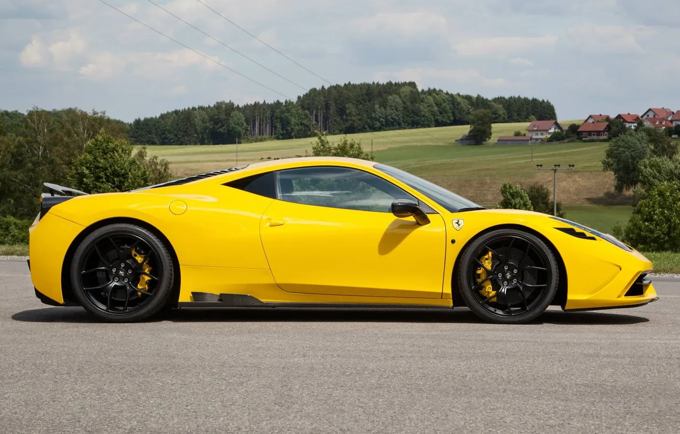 Photo wallpaper yellow, profile, Ferrari, Ferrari, yellow, black rims, 458 speciale