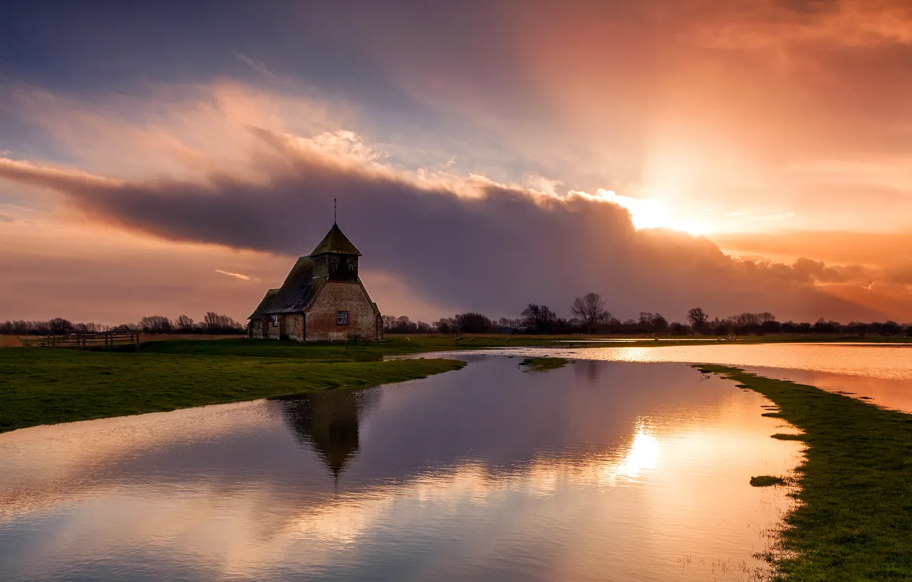 Photo wallpaper the sky, clouds, sunset, river, Church, chapel, spill