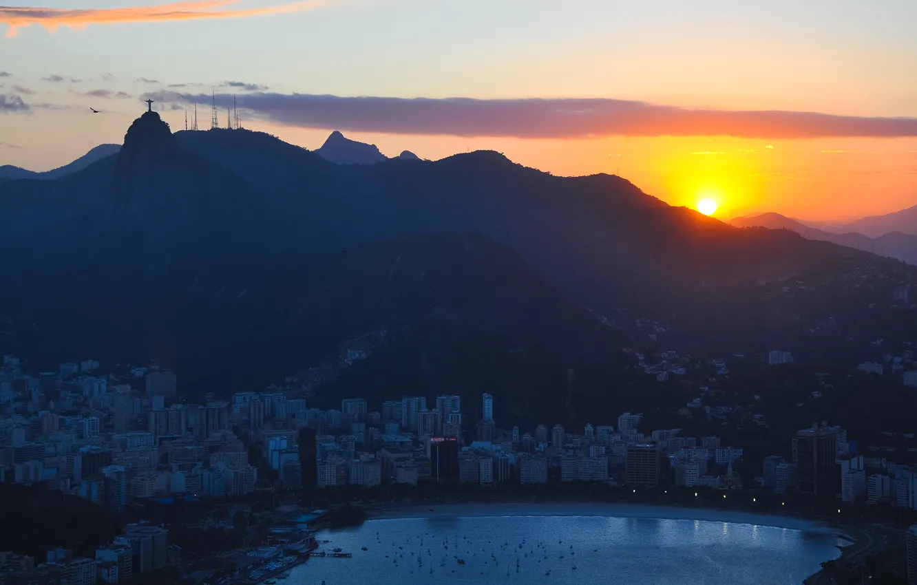 Photo wallpaper the sky, sunset, mountains, lights, the evening, Bay, harbour, Brazil
