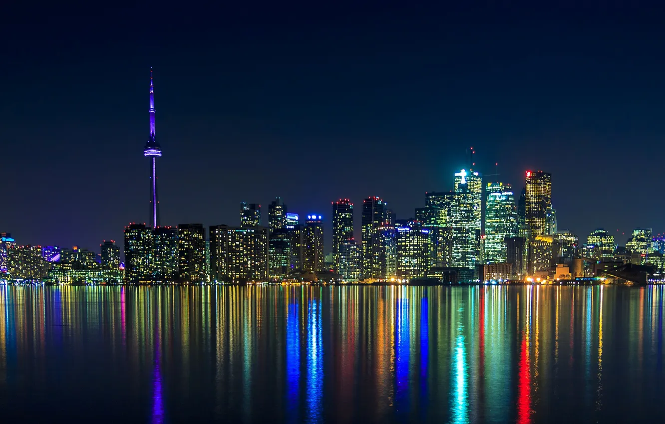 Photo wallpaper night, the city, lights, reflection, panorama, Canada, skyscrapers, Toronto