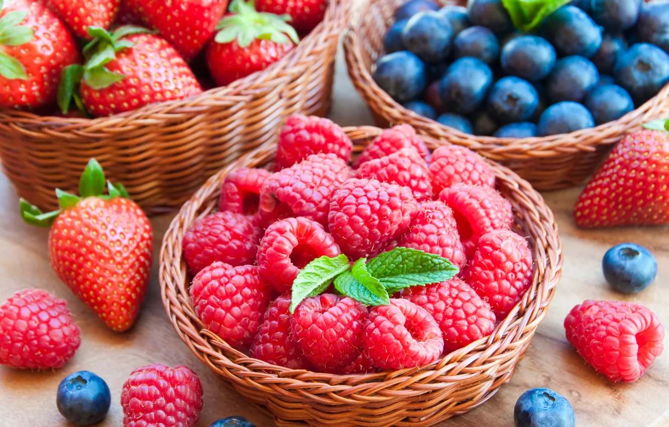 Photo wallpaper berries, raspberry, blueberries, strawberry, basket, fresh, berries