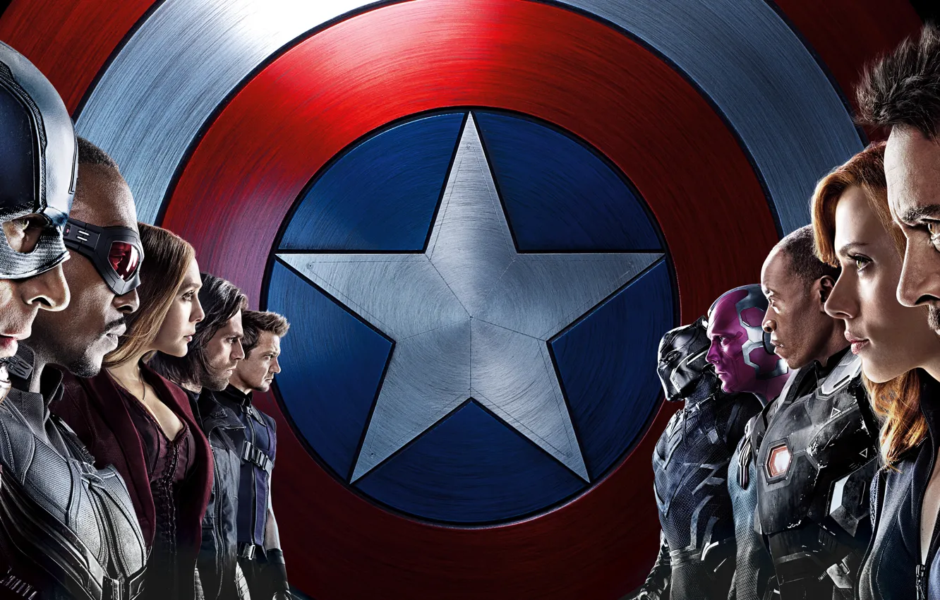 Photo wallpaper Scarlett Johansson, Vision, Iron Man, Falcon, Captain America, Black Widow, Robert Downey Jr., MARVEL