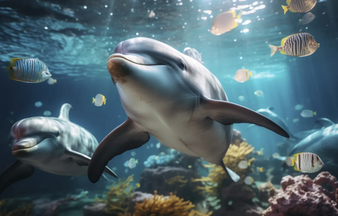 Photo wallpaper fish, dolphins, digital art, AI art, The Art of Artificial Intelligence, neural network