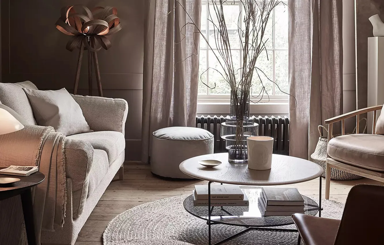 Photo wallpaper style, room, interior, chair, sofa, poof, designer lamp, Cozy living room