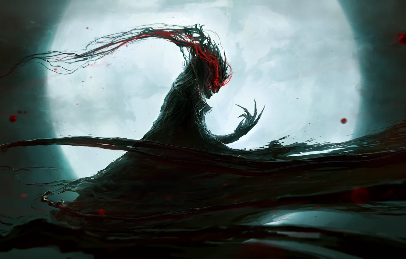 Photo wallpaper red, the moon, black, Dramargu