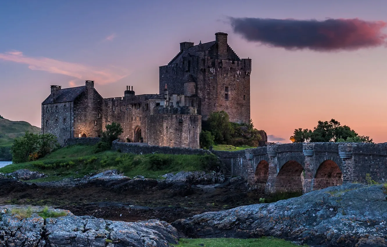 Photo wallpaper the sky, clouds, sunset, bridge, castle, Scotland, architecture, the Eilean Donan castle