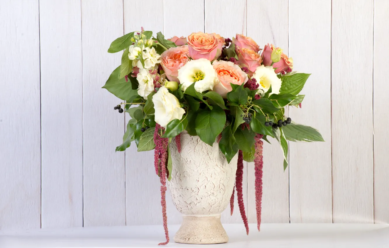 Photo wallpaper roses, bouquet, vase, eustoma