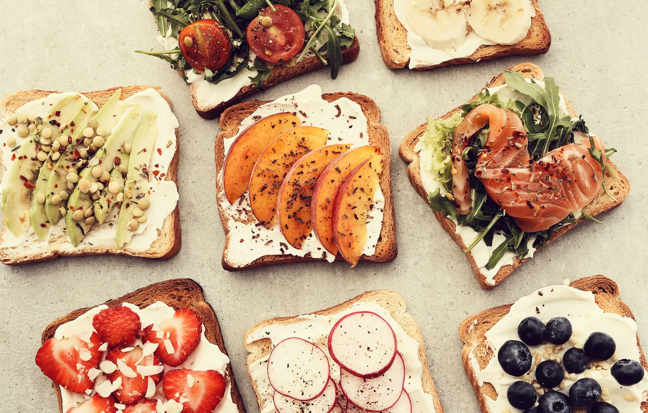 Photo wallpaper greens, fish, blueberries, strawberry, bread, vegetables, tomato, peach
