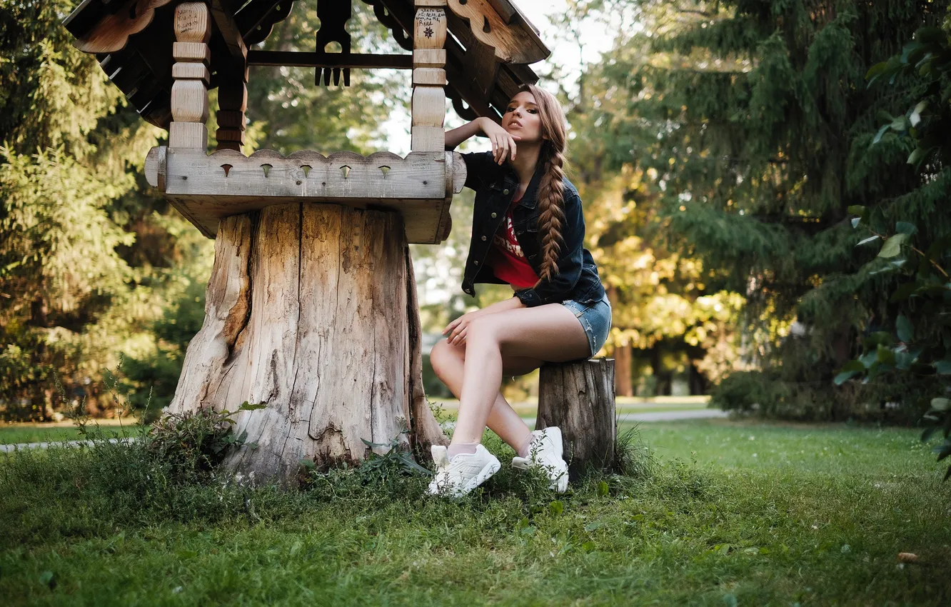 Photo wallpaper girl, grass, legs, trees, park, model, garden, women