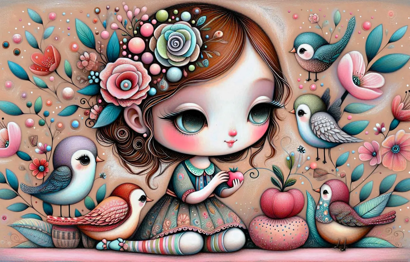 Photo wallpaper flowers, bird, girl, doll, AI art, neural network