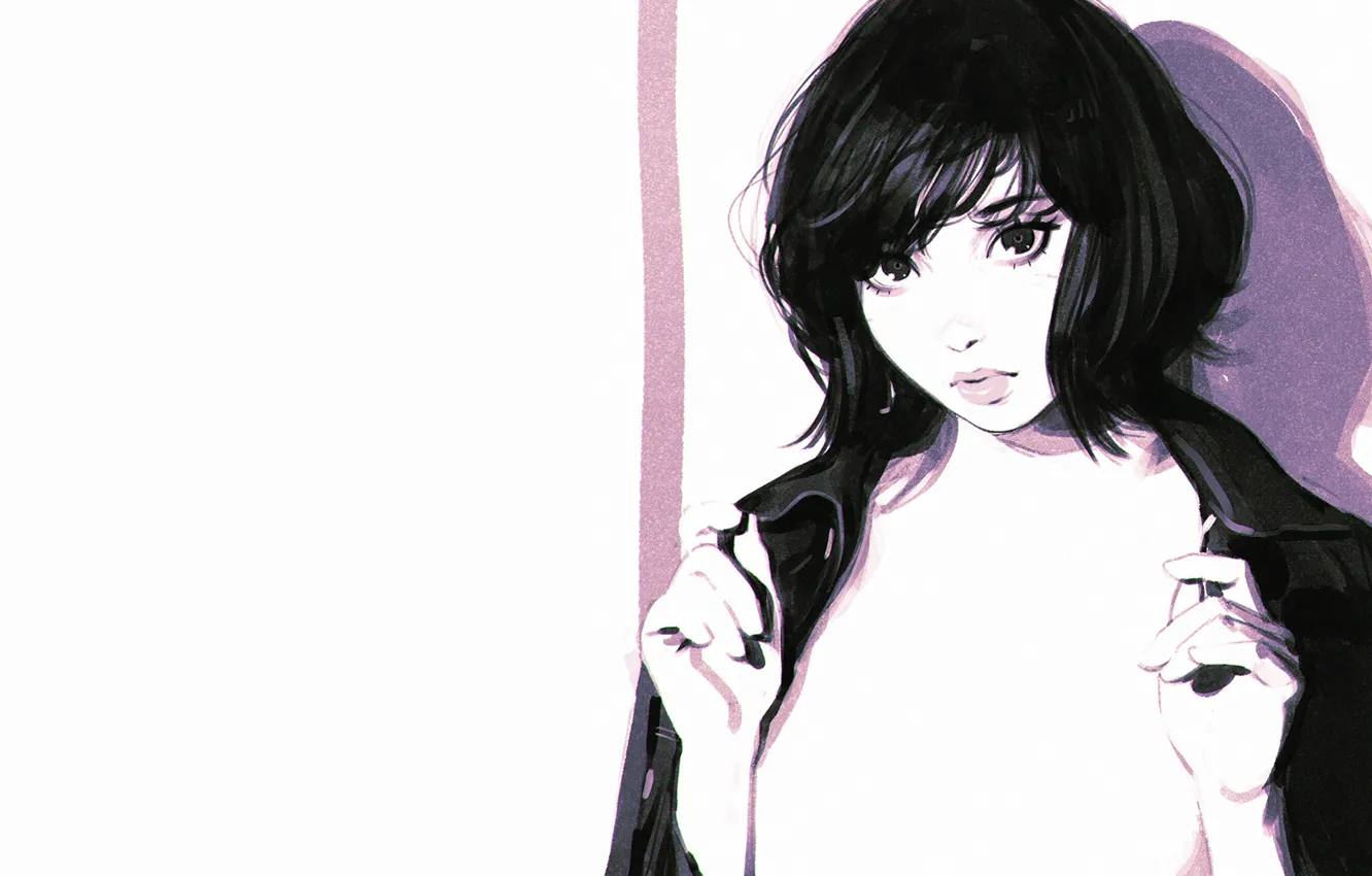 Photo wallpaper short hair, women, brunette, jacket, simple background, Ilya Kuvshinov