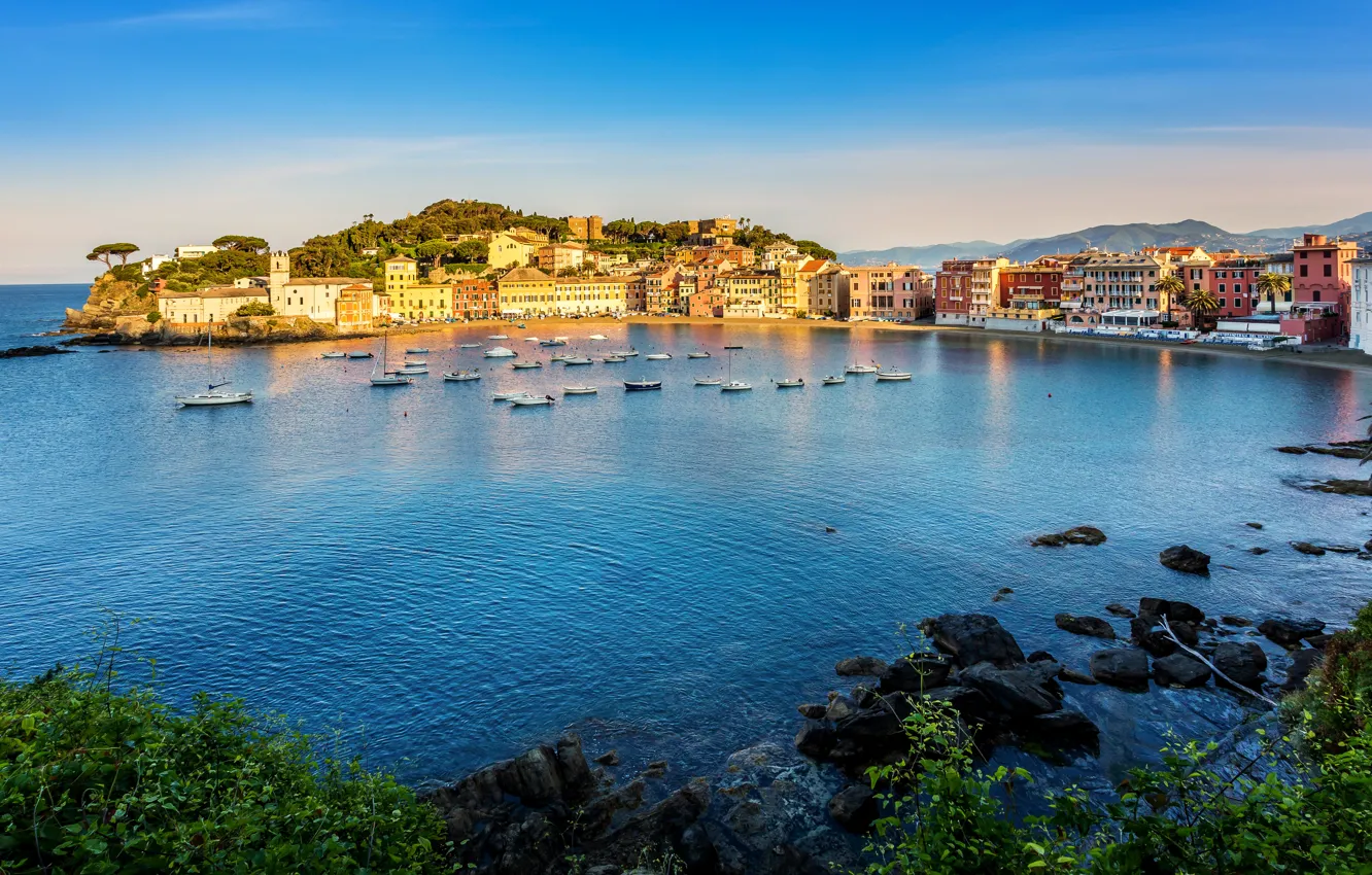 Photo wallpaper coast, boat, home, Italy, Sestri Levante Liguria