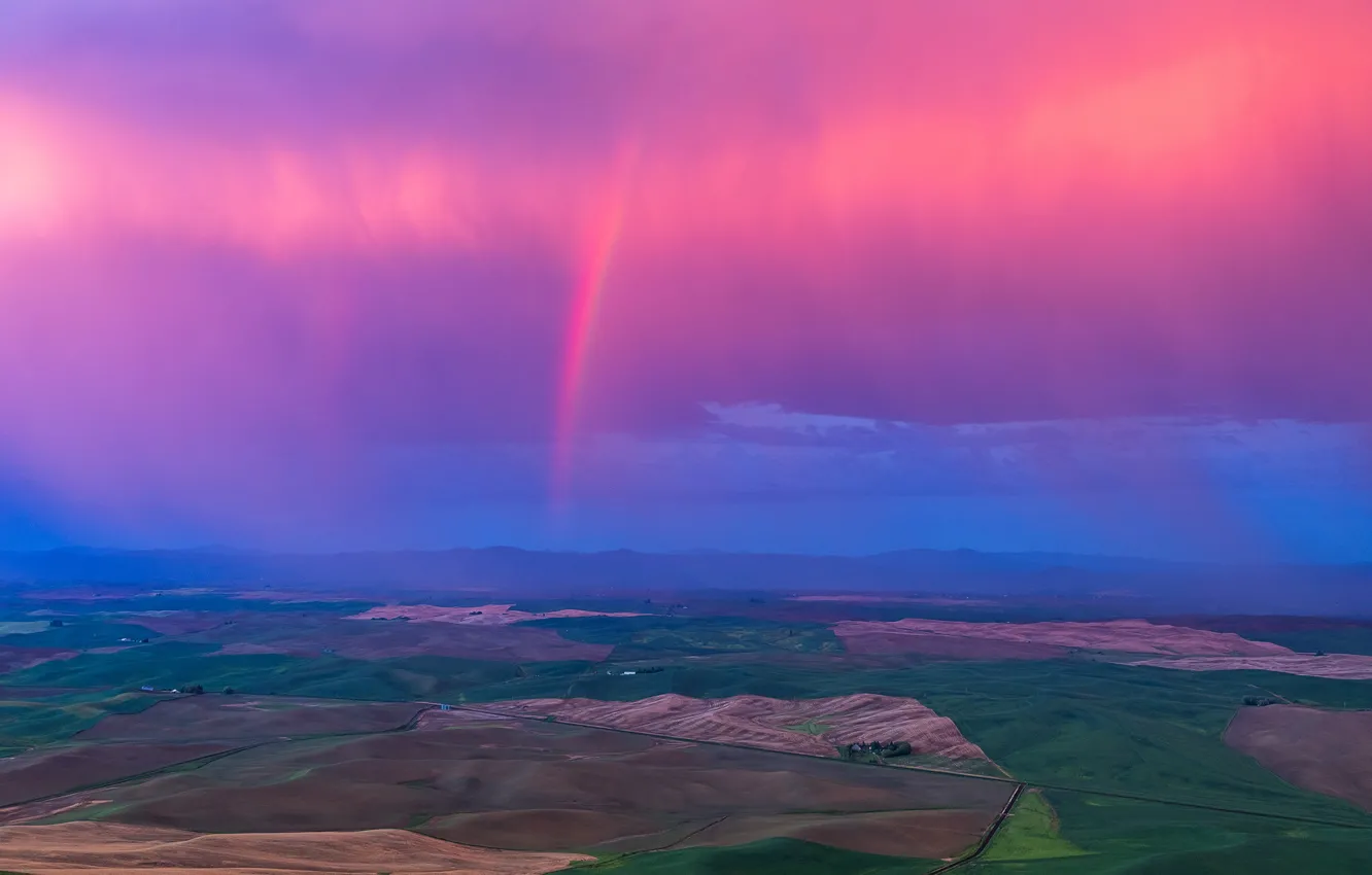 Photo wallpaper clouds, hills, field, rainbow, horizon, USA, Washington