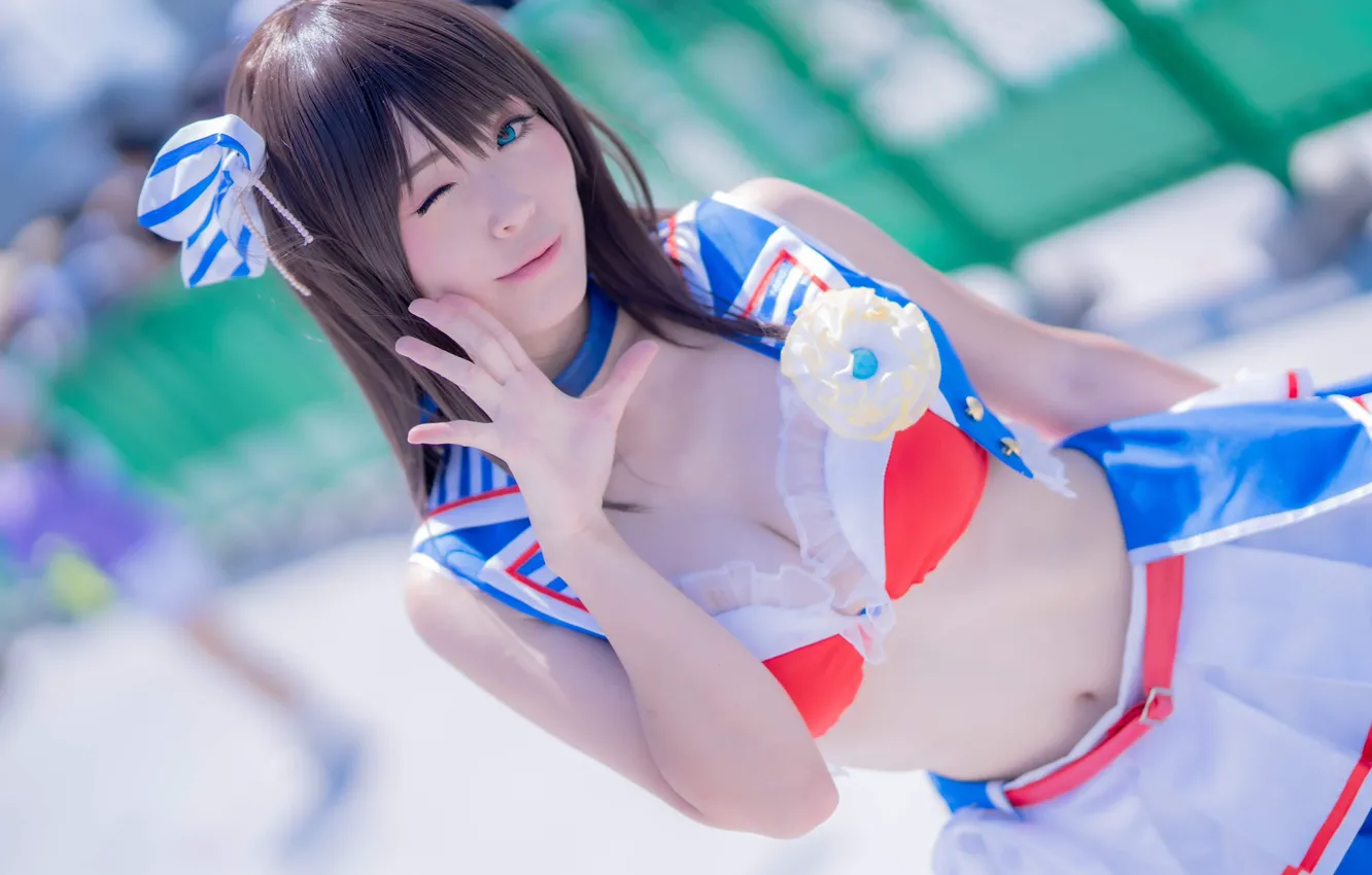 Photo wallpaper blue eyes, gesture, blue eyes, cosplay, blurred background, cosplay, gesture, blurry background