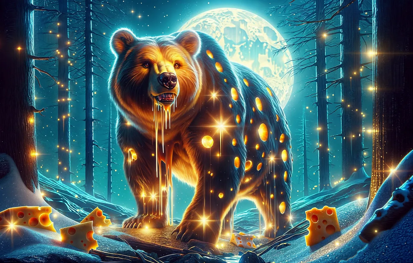 Photo wallpaper forest, snow, the moon, cheese, bear