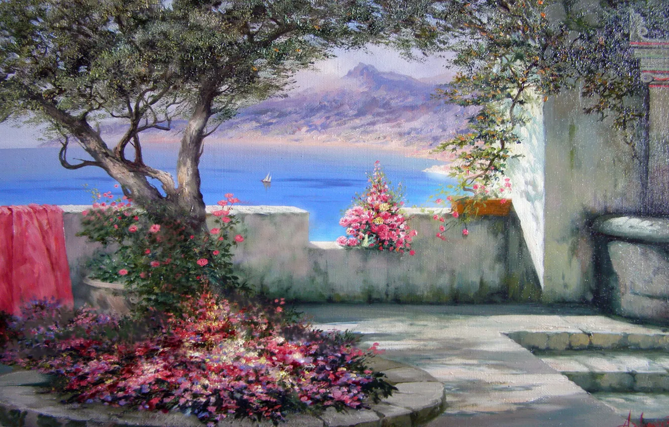 Photo wallpaper sea, nature, the city, sailboat, picture, Crimea, flowers., Gurzuf