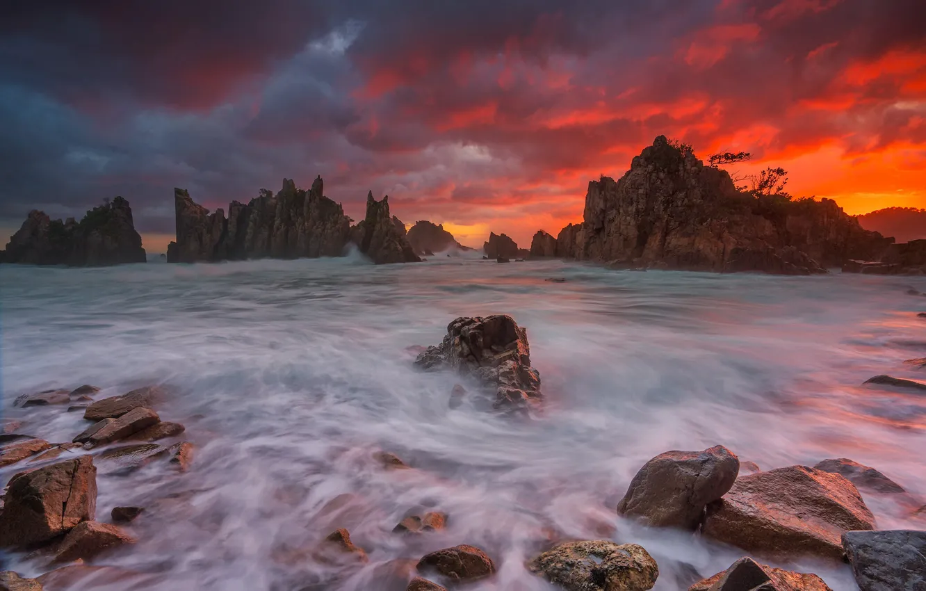 Photo wallpaper sea, stones, rocks, glow