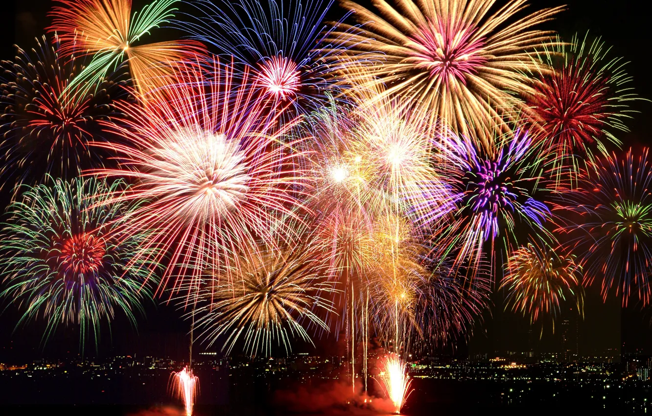 Photo wallpaper salute, colorful, New Year, fireworks, new year, happy, night, fireworks