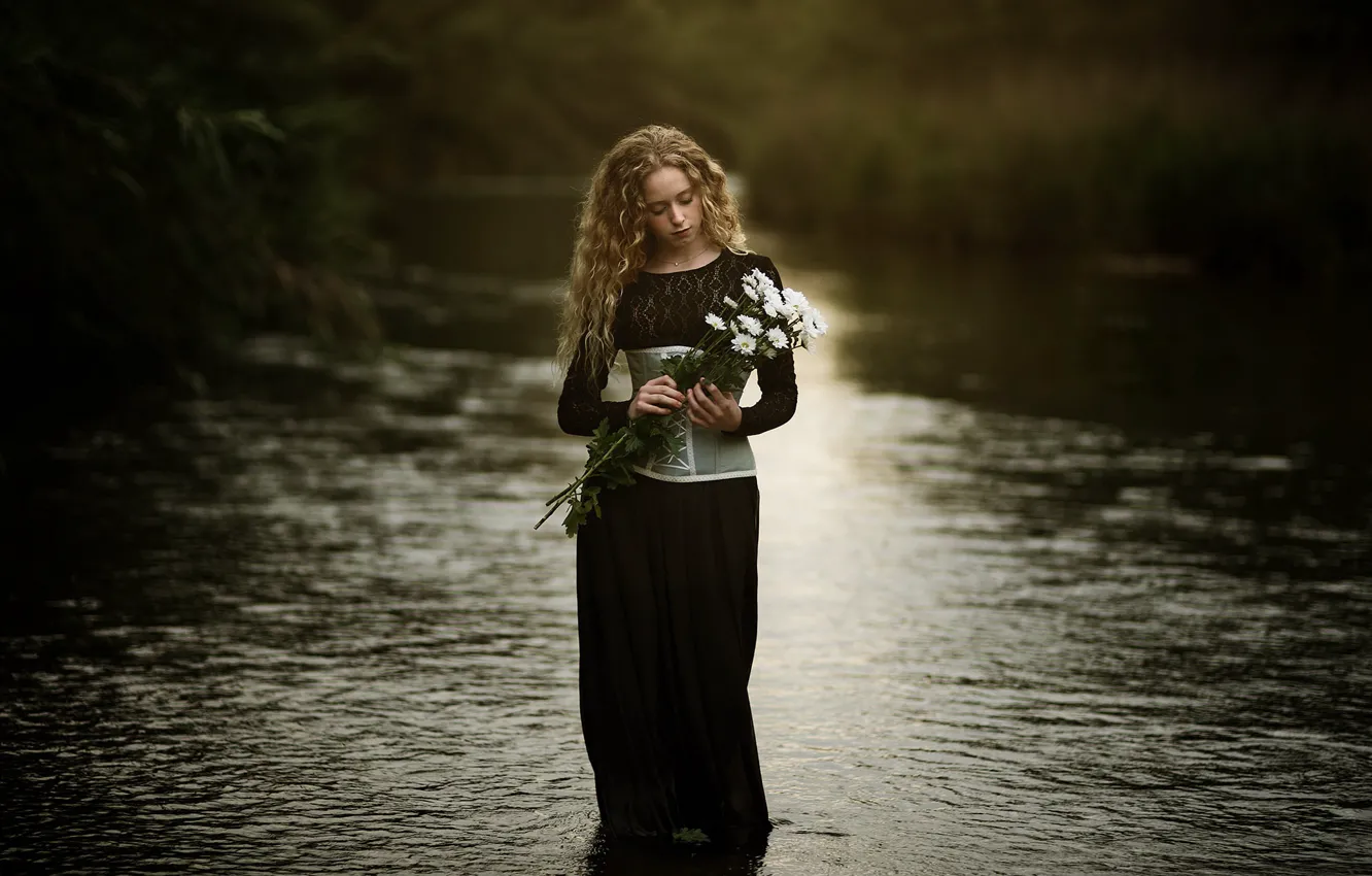 Photo wallpaper flowers, river, girl, Paola