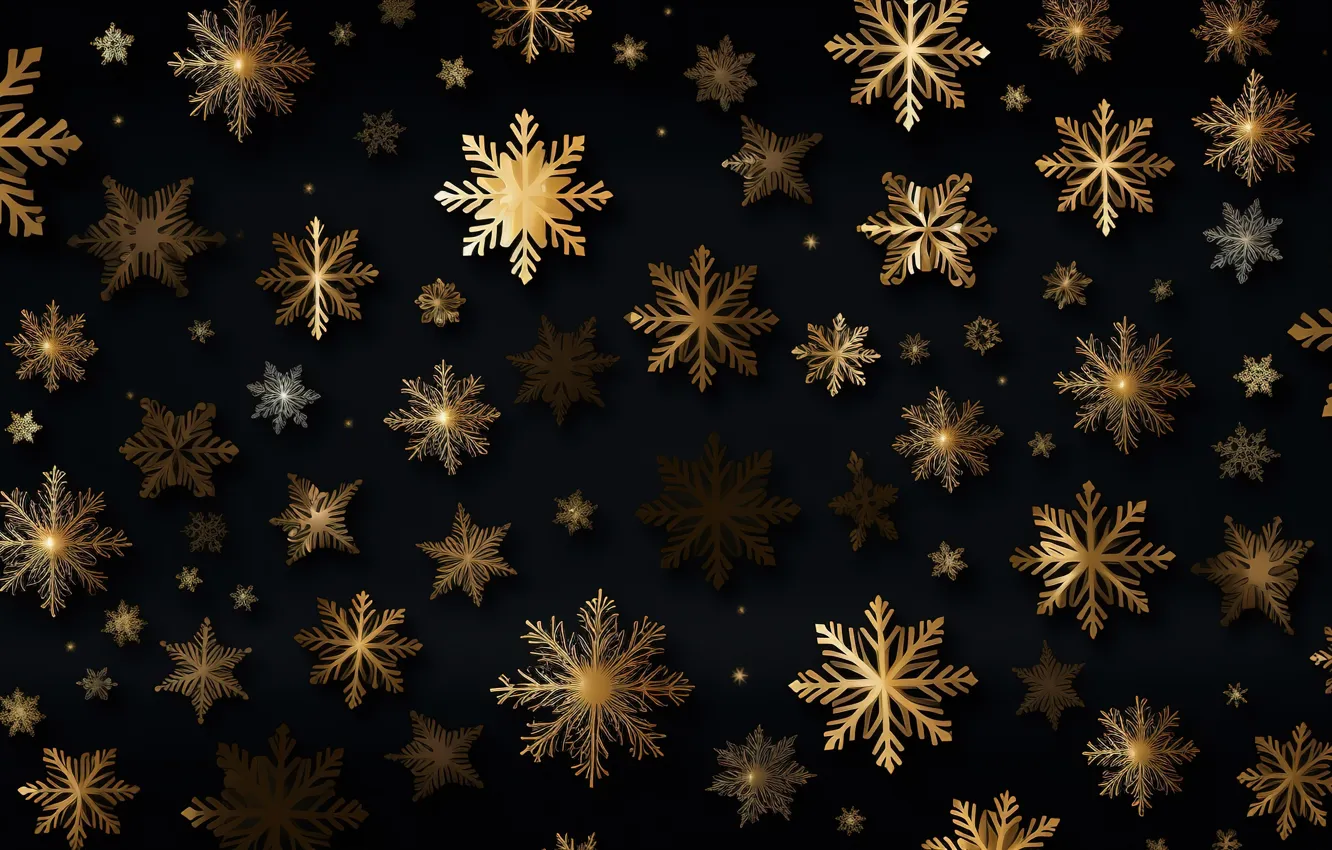 Photo wallpaper snowflakes, background, gold, black, New Year, Christmas, golden, Christmas