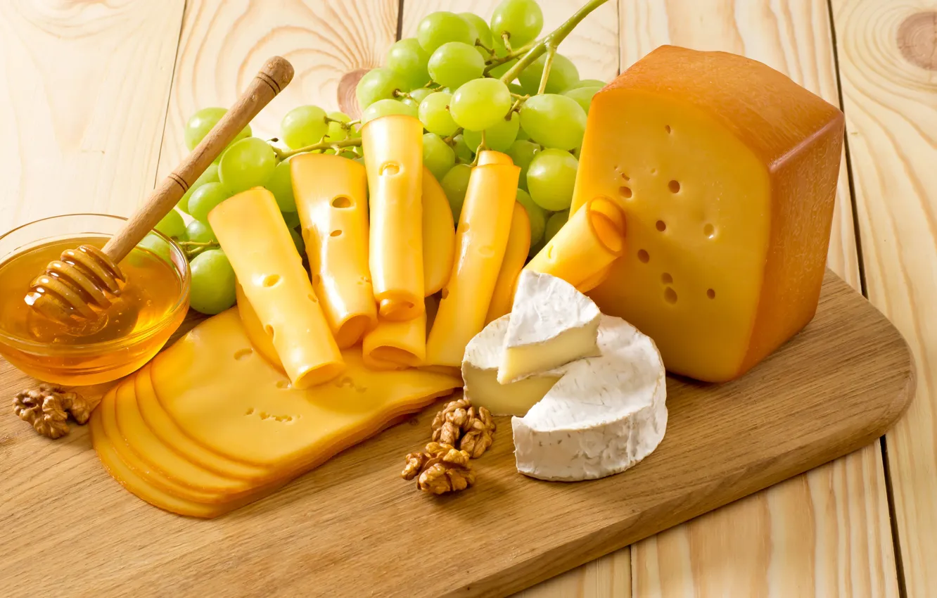 Photo wallpaper table, cheese, grapes, Board, honey, walnut