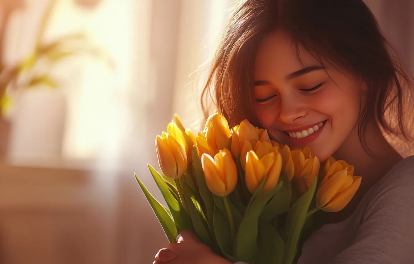 Photo wallpaper girl, light, joy, flowers, yellow, smile, holiday, portrait