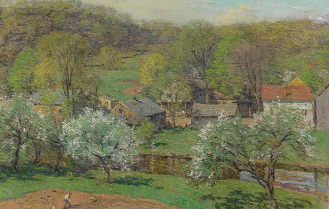 Photo wallpaper landscape, picture, 1920, Village In Late Spring, Willard Metcalf, Willard Leroy Metcalf