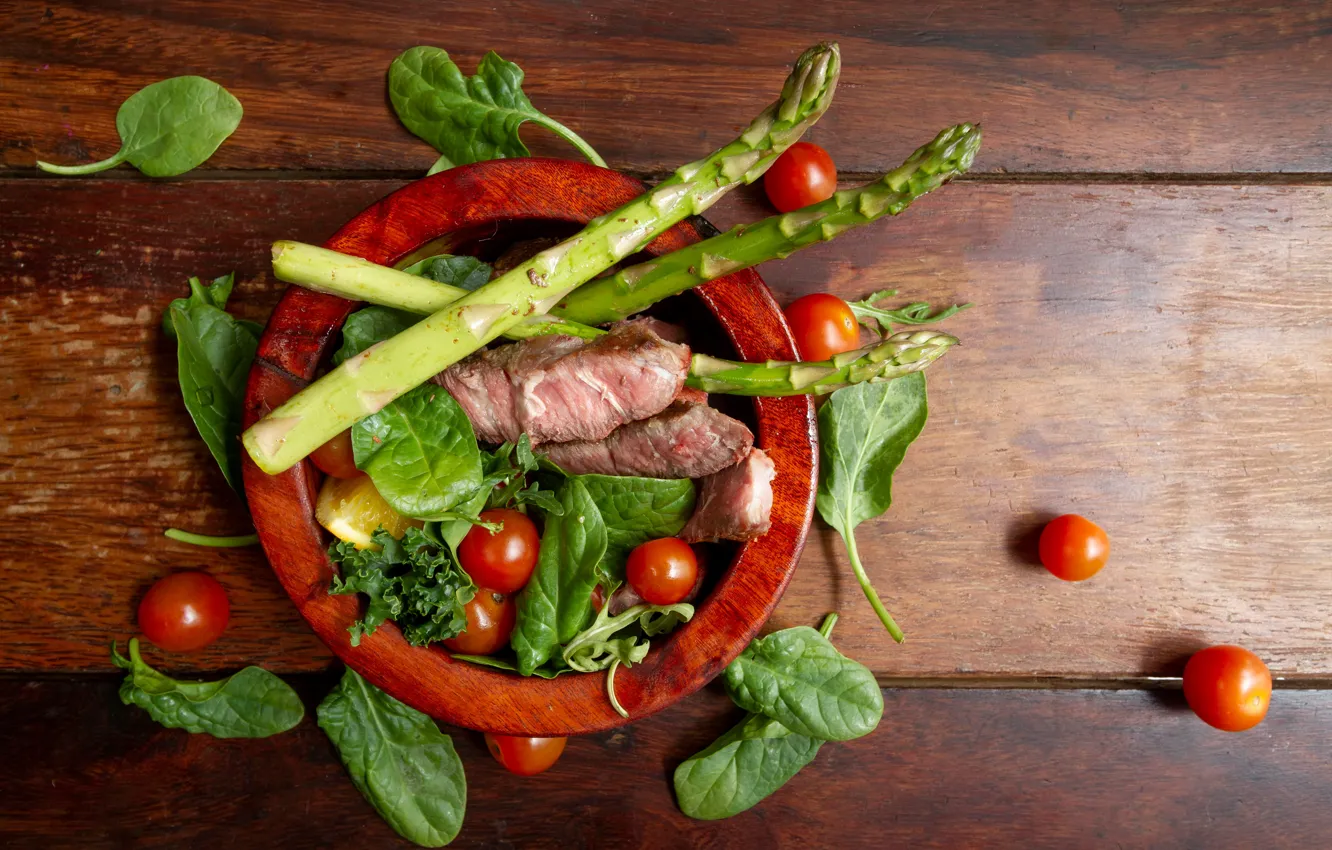 Photo wallpaper meat, appetizer, asparagus, spinach, tomatoes