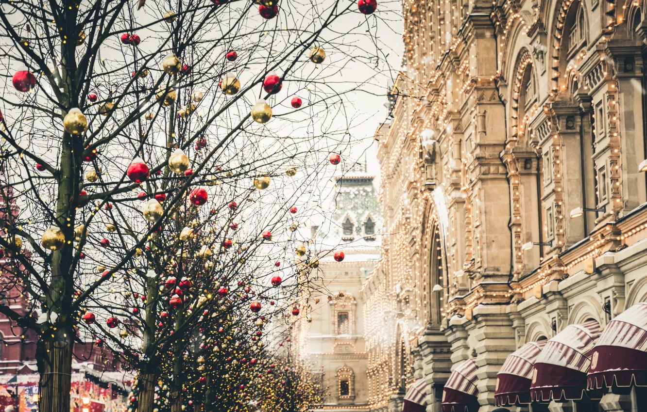 Photo wallpaper winter, decoration, city, the city, balls, New Year, Christmas, Moscow