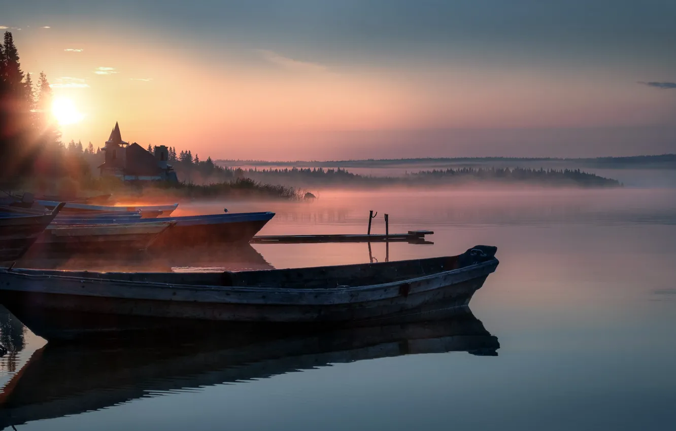 Photo wallpaper the sun, rays, landscape, nature, fog, lake, dawn, boat