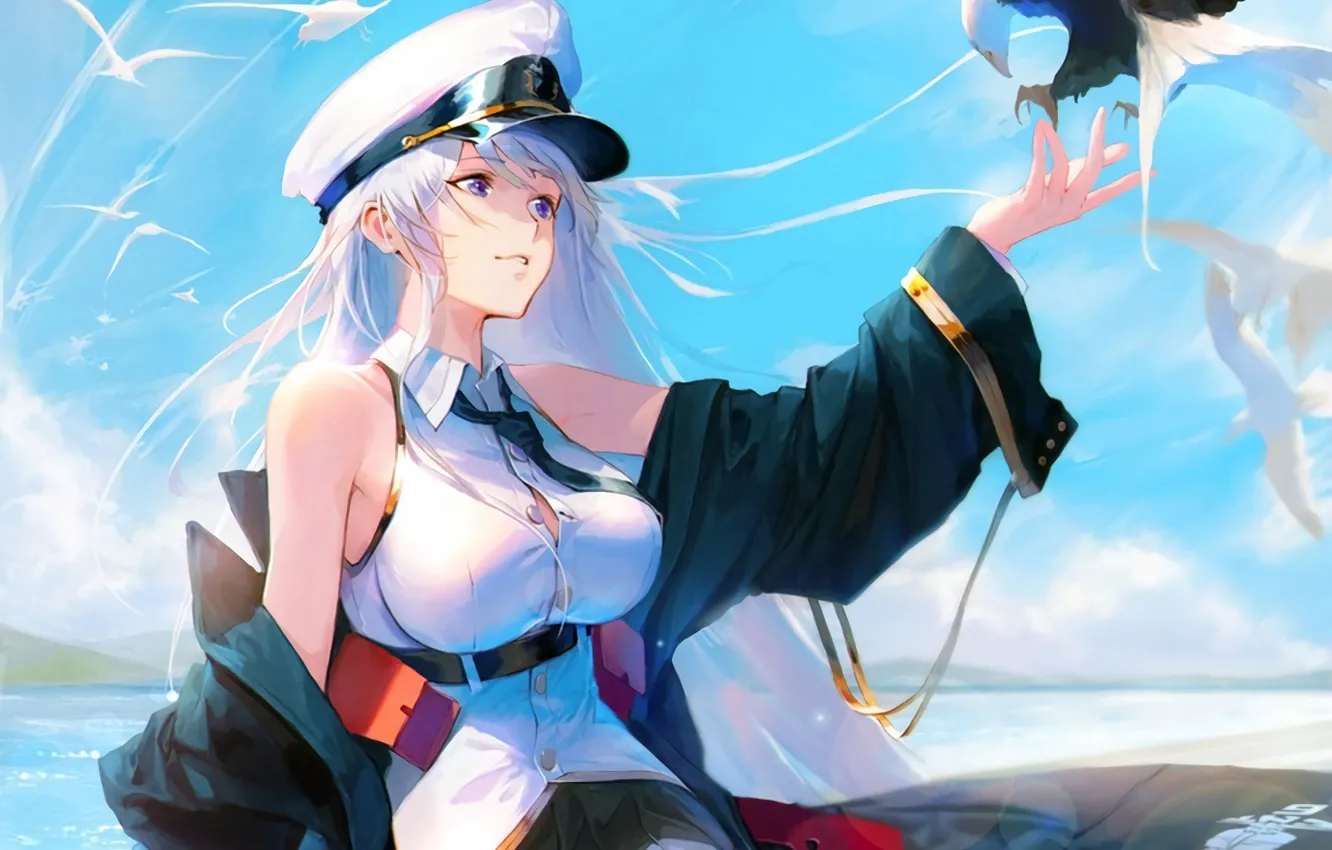 Photo wallpaper girl, sexy, beach, Enterprise, blouse, thighhighs, long hair, sea