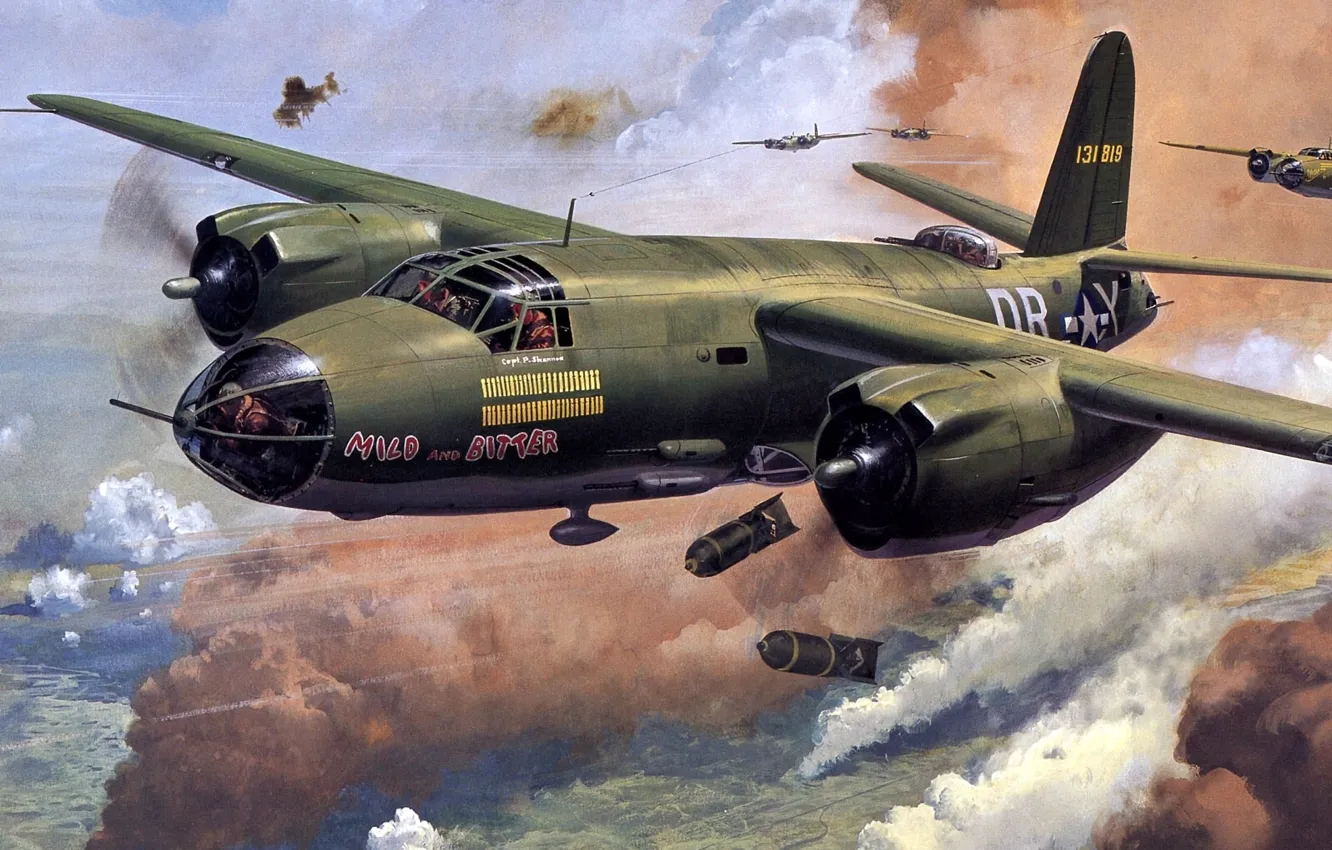 Photo wallpaper the sky, bomb, art, the plane, the gap, smoke.