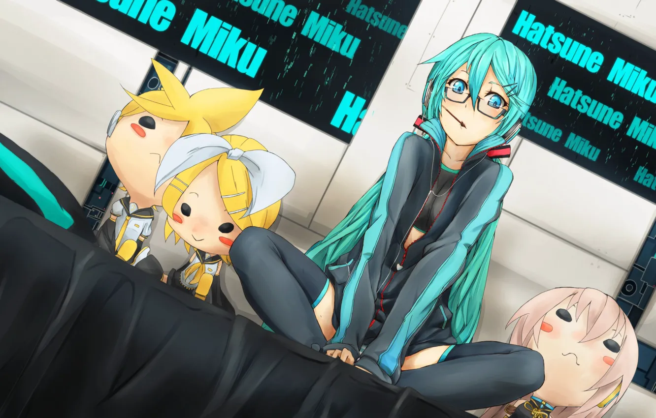 Photo wallpaper girl, bed, headphones, glasses, vocaloid, sitting, megurine luka, kagamine rin