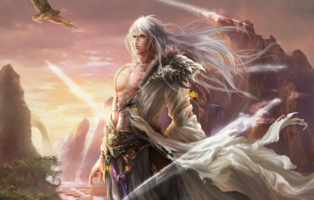 Photo wallpaper mountains, fantasy, eagle, art, guy