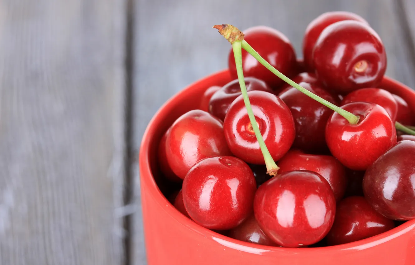 Photo wallpaper summer, bowl, fruit, ripe juicy cherries
