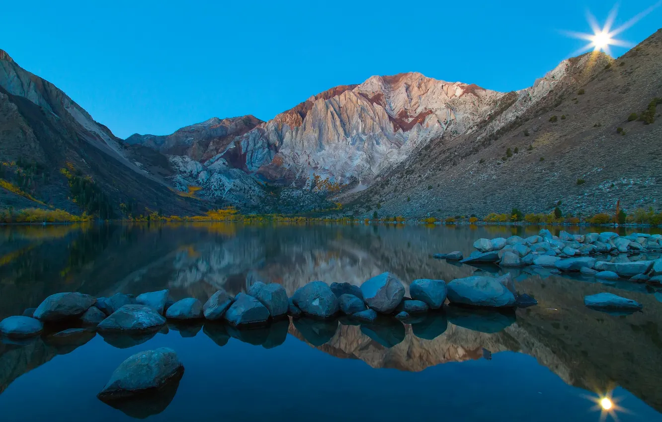 Photo wallpaper the sky, mountains, lake, stones