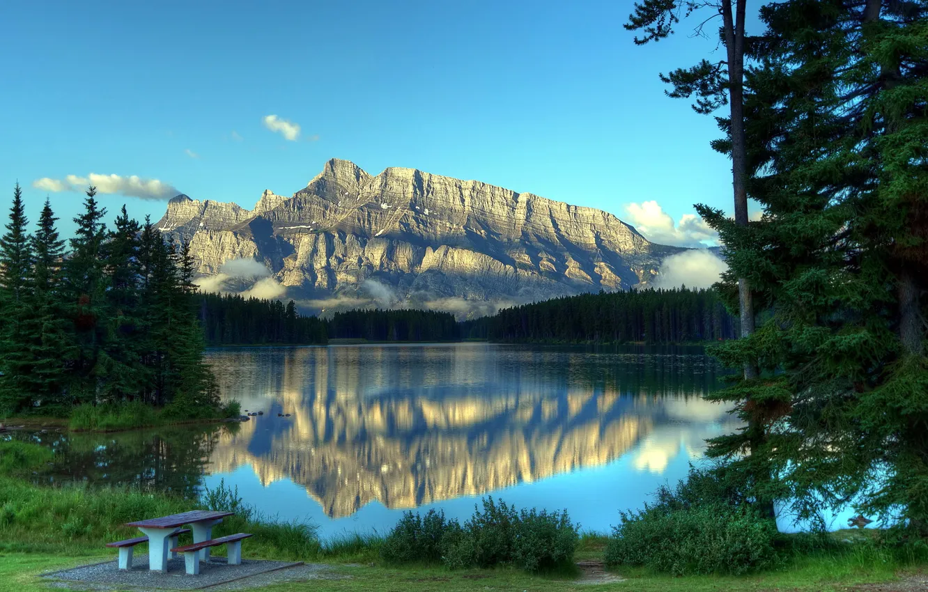 Photo wallpaper landscape, mountains, lake, bench