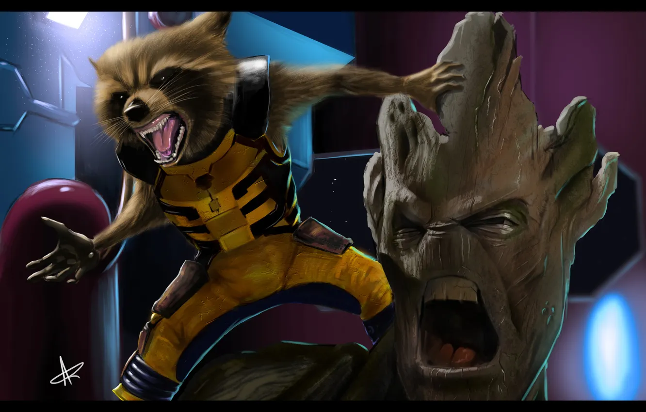 Photo wallpaper art, Rocket, Guardians of the Galaxy, Groot
