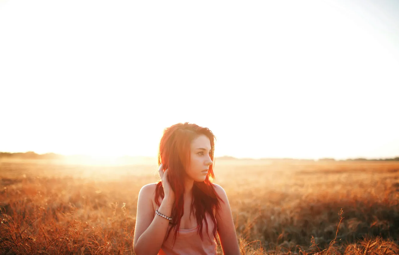 Photo wallpaper field, grass, look, girl, sunset, TOSHA
