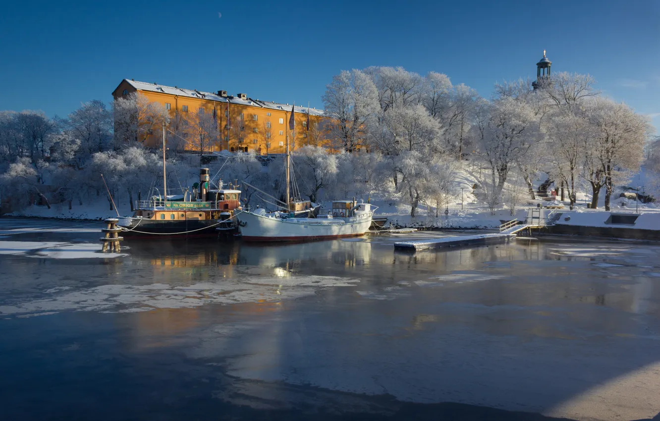 Photo wallpaper winter, water, snow, ship, home