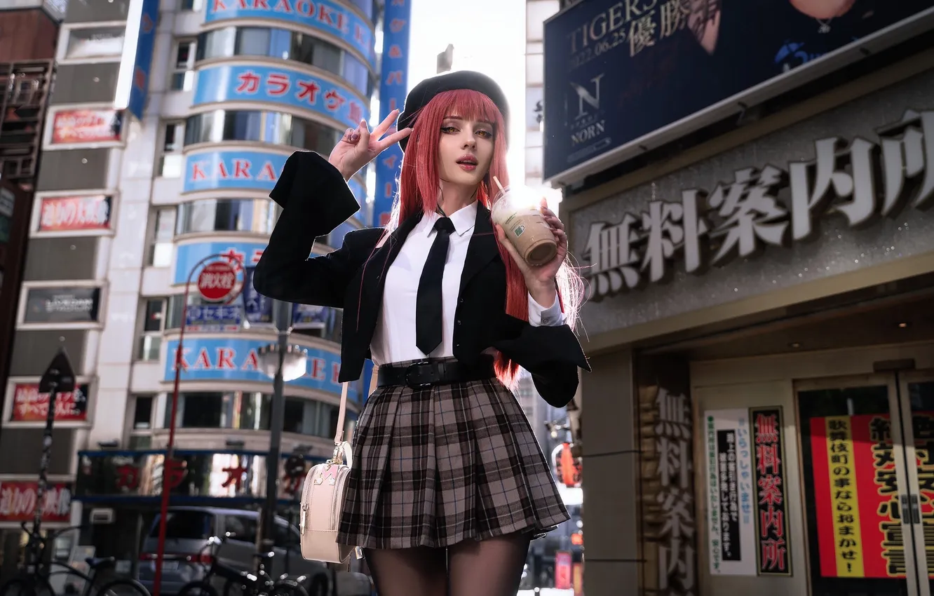 Photo wallpaper girl, city, anime, model, street, redhead, cosplay, coffee