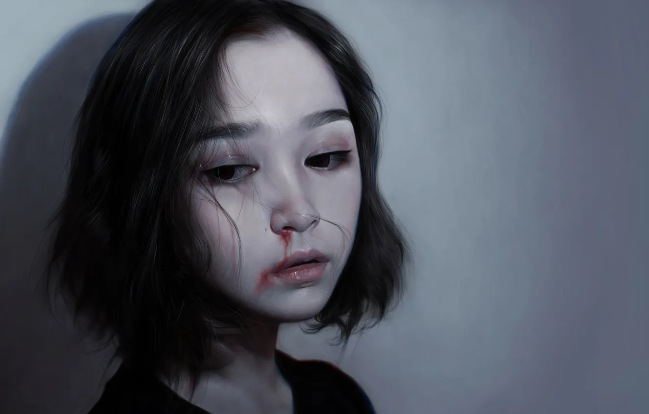 Photo wallpaper girl, face, blood, hair, nose, art, ren