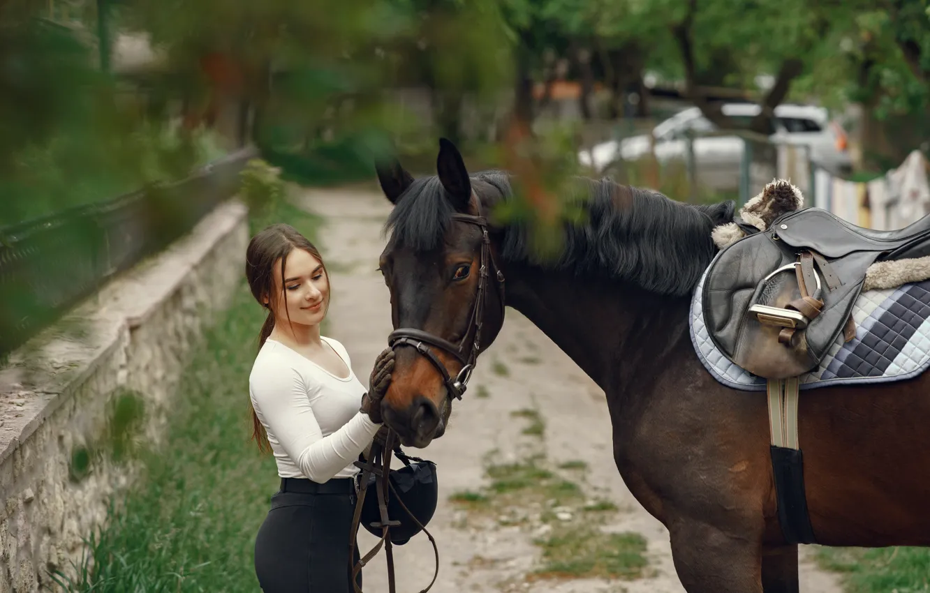 Photo wallpaper girl, smile, Park, each, horse, sweetheart, kindness, horse