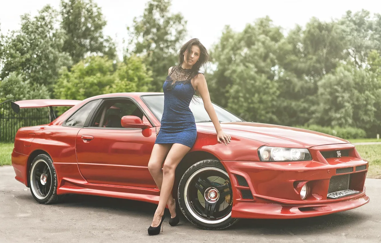 Photo wallpaper Girl, Nissan, Red, Beautiful, Sexy, Model, Skyline, R34