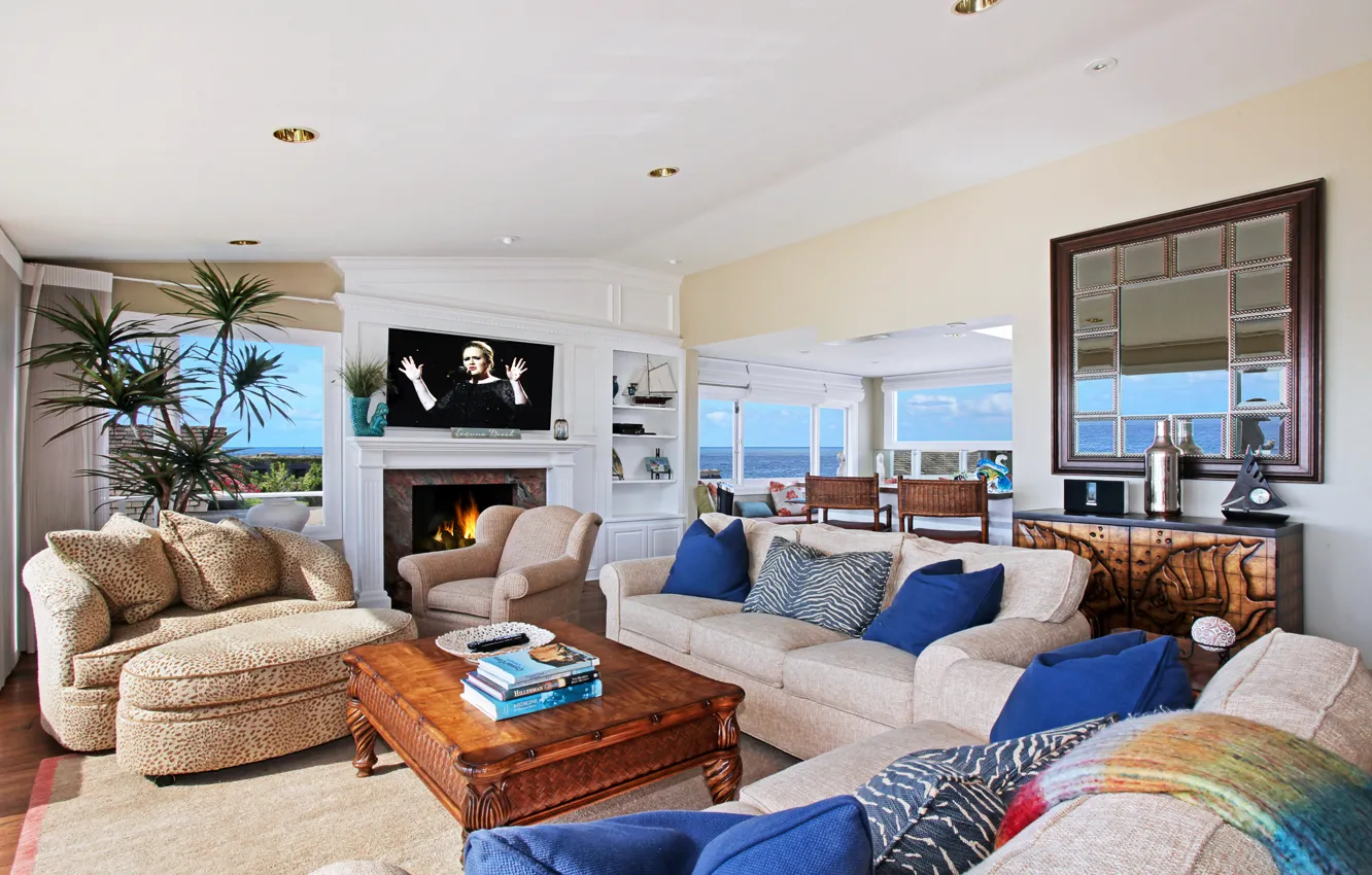 Photo wallpaper style, table, sofa, furniture, interior, fireplace, living room