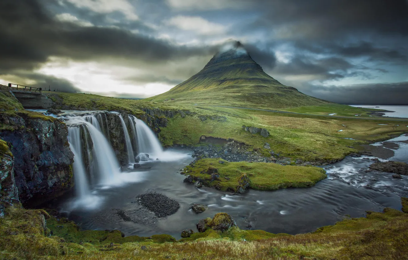 Photo wallpaper clouds, mountains, river, waterfall, the volcano, Iceland, Kirkjufell