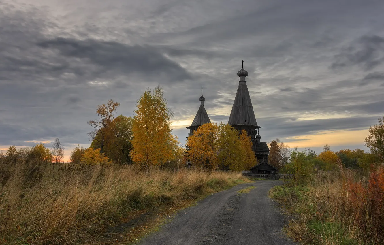 Photo wallpaper autumn, the evening, village, Church, Leningrad oblast, Gimreka