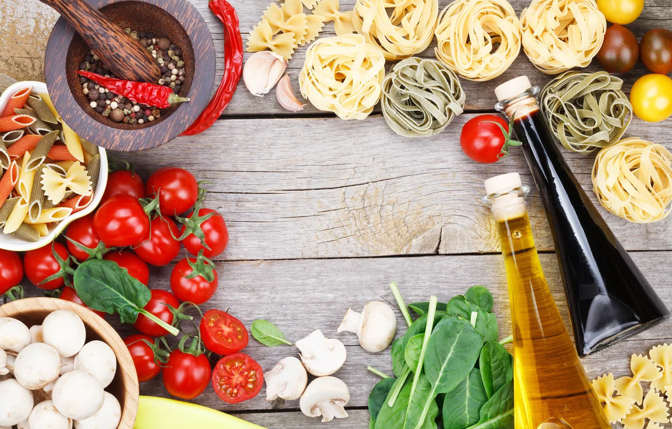Photo wallpaper mushrooms, oil, pepper, vegetables, tomatoes, pasta