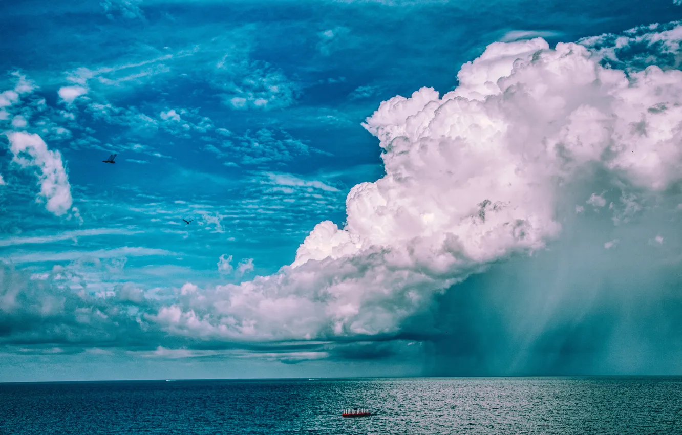 Photo wallpaper sea, wave, the sky, clouds, blue, rain, shore, haze